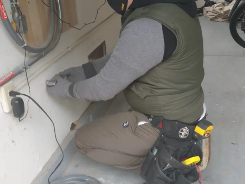 Electrician performing outlet wiring in a Erwin garage